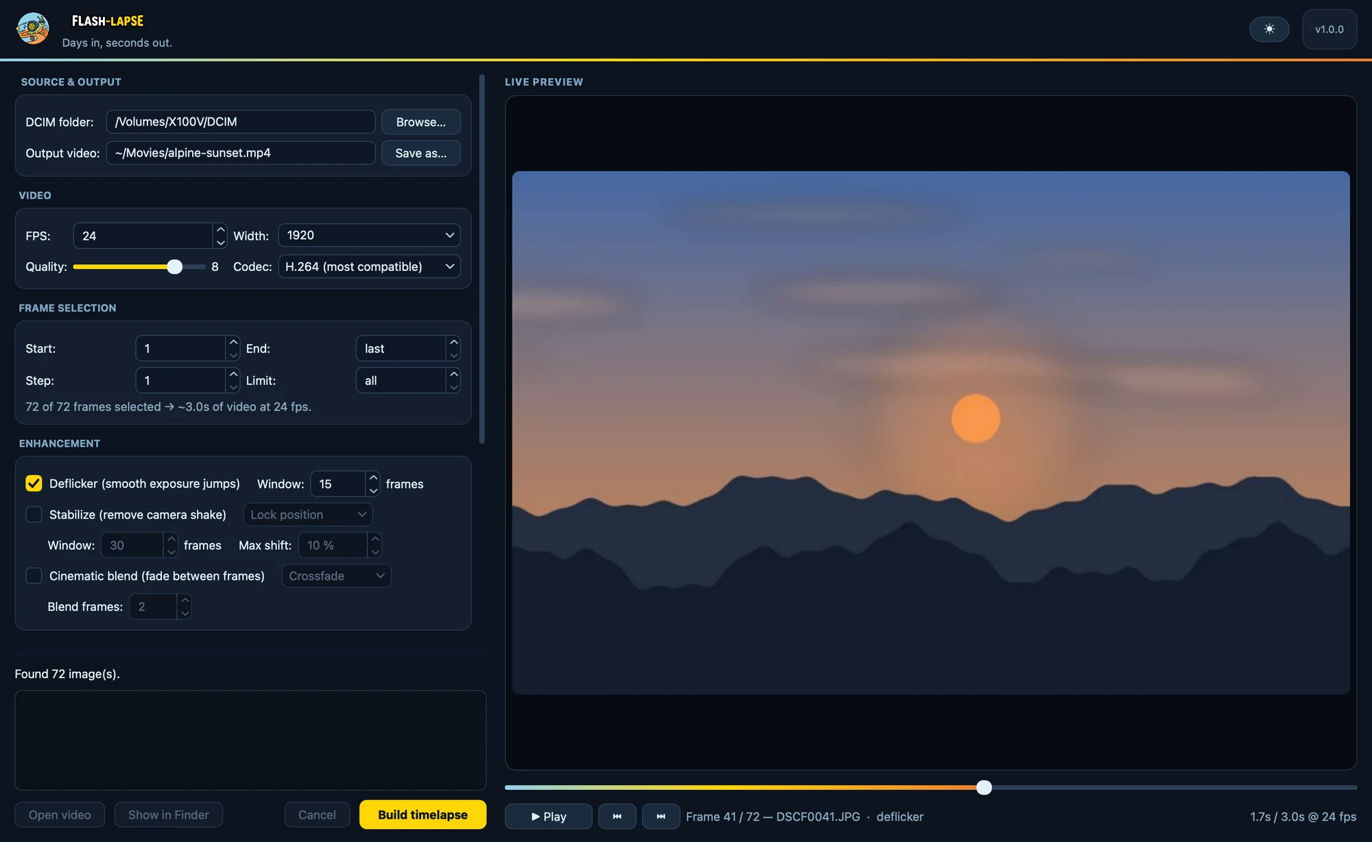 The FlashLapse window: source, video, frame selection and enhancement options on the left, a live preview of a mountain sunset with a gradient scrubber on the right.